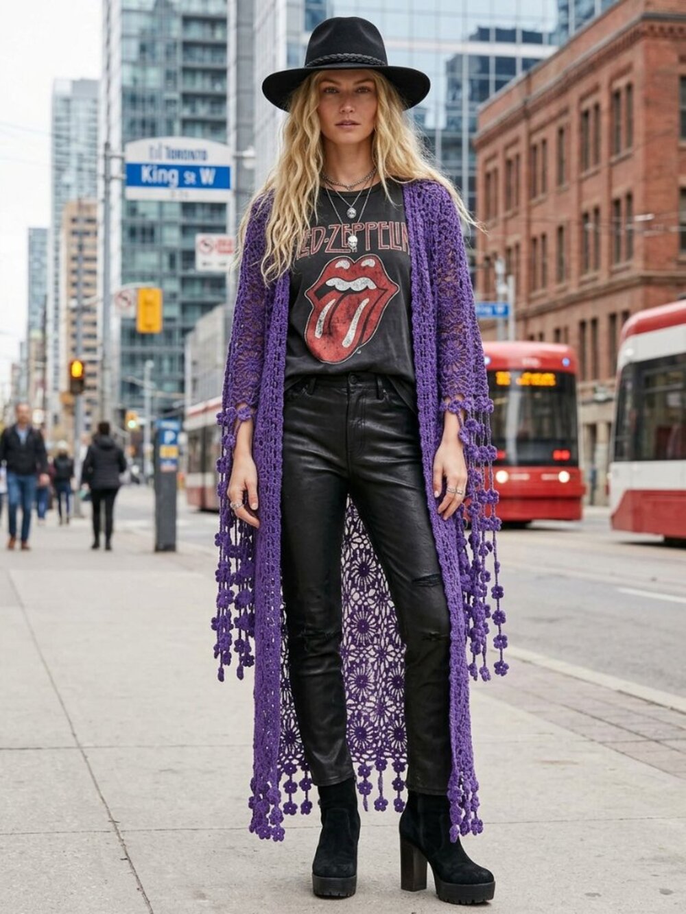 Boho Purple Granny Square Floral Super long Fringe Longline  Cardigan Sweater M